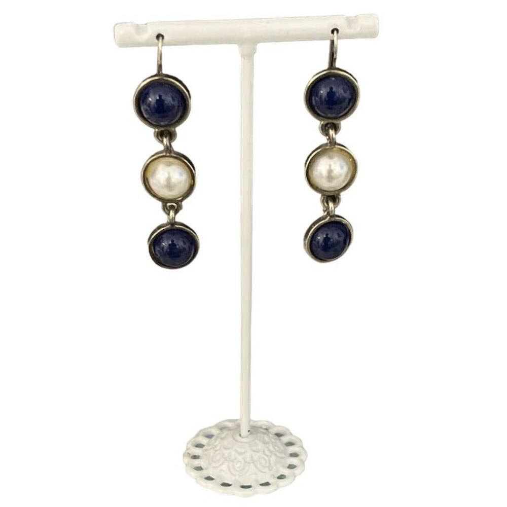 Vintage Triple Half Bead Dangle Earring Blue White